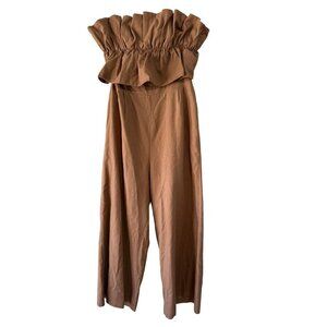 ASTR the Label Ruffle Bodice Tie Back Strapless Cotton Linen Jumpsuit Brown Lg